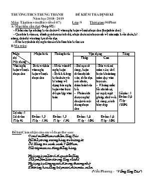 Đề kiểm tra định kì môn Ngữ văn Lớp 9 - Năm học 2018-2019 - Trường THCS Trung Thành (Kèm đáp án)